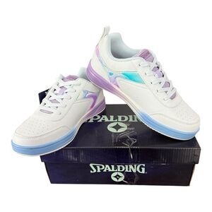 Spalding White Kids Sneakers with Purple and Iridescent Blue Accents